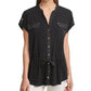 Calvin Klein Women's Short Sleeve Cinched Waist Button Front Top Black Size Small