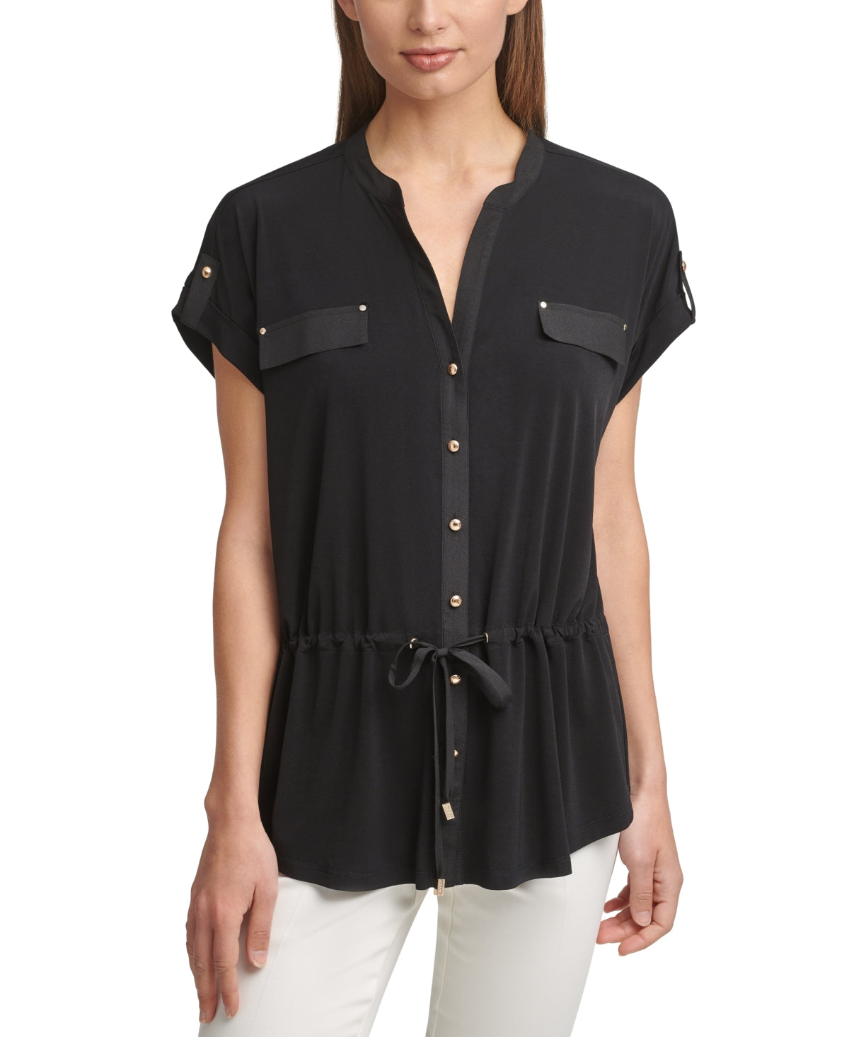 Calvin Klein Women's Short Sleeve Cinched Waist Button Front Top Black Size Small