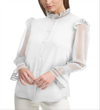 Calvin Klein Women's Chiffon Ruffle Top White Size Large