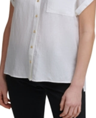 Calvin Klein Women's Short Sleeve Button Linen Shirt White Size Medium