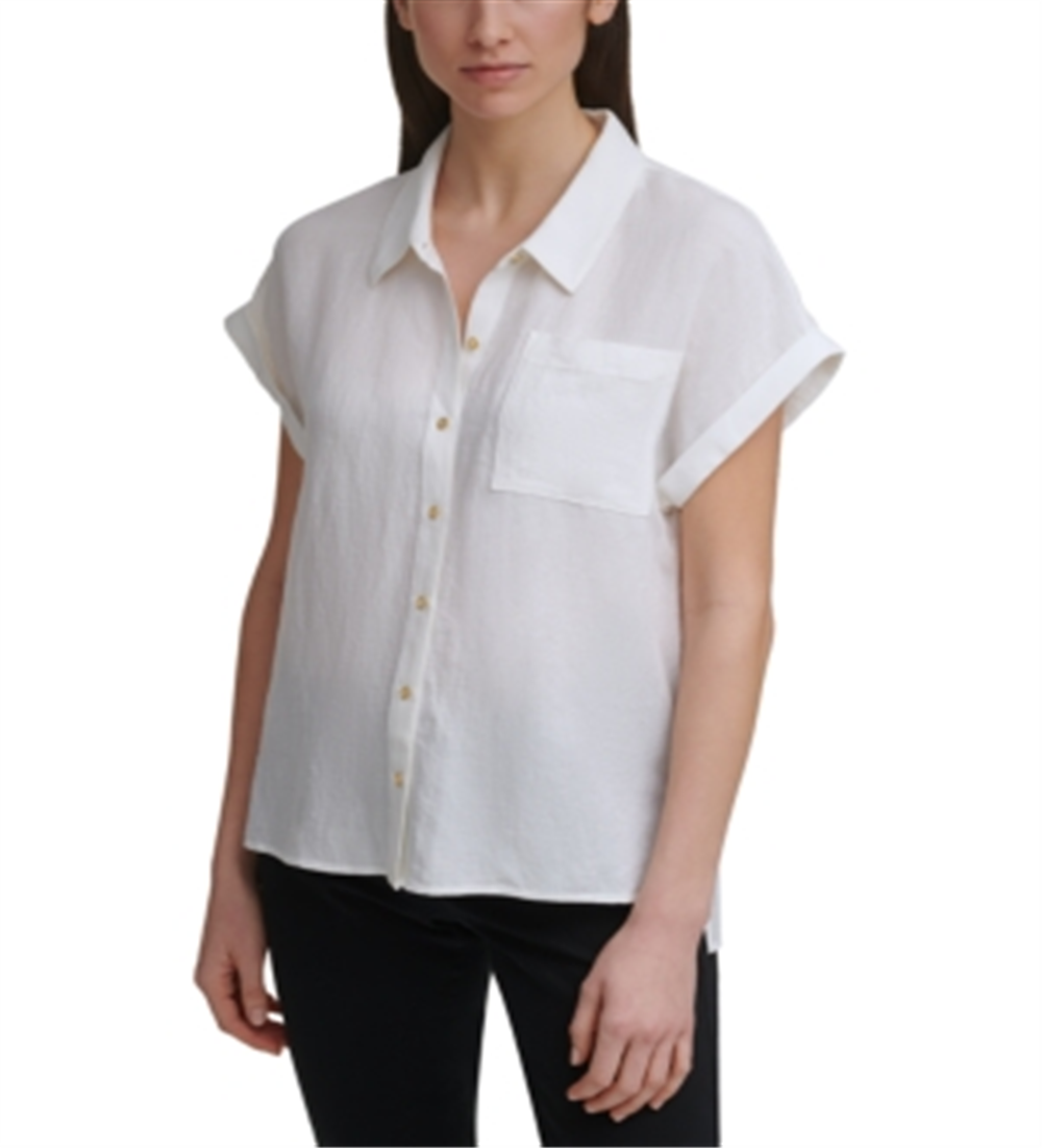 Calvin Klein Women's Short Sleeve Button Linen Shirt White Size Medium
