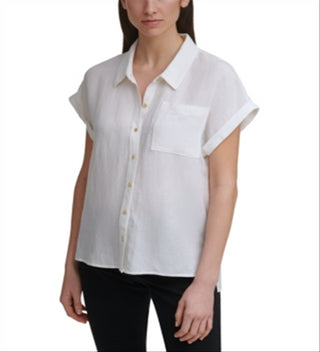Calvin Klein Women's Short Sleeve Button Linen Shirt White Size Medium
