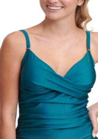 Calvin Klein Women's  Ruched Tummy-Control Tankini Top  Swimsuit Green Size XL