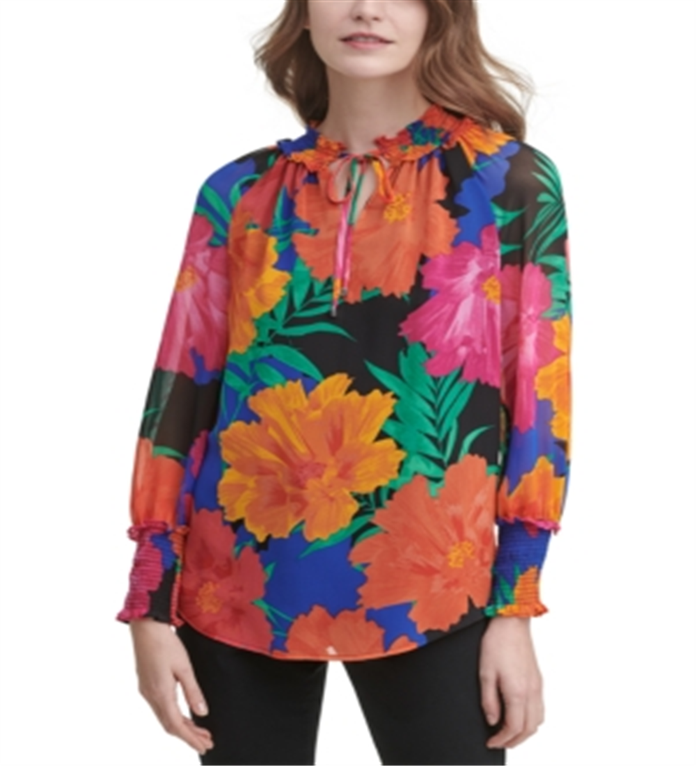 Calvin Klein Women's Printed Tie Neck Top Black Size Large