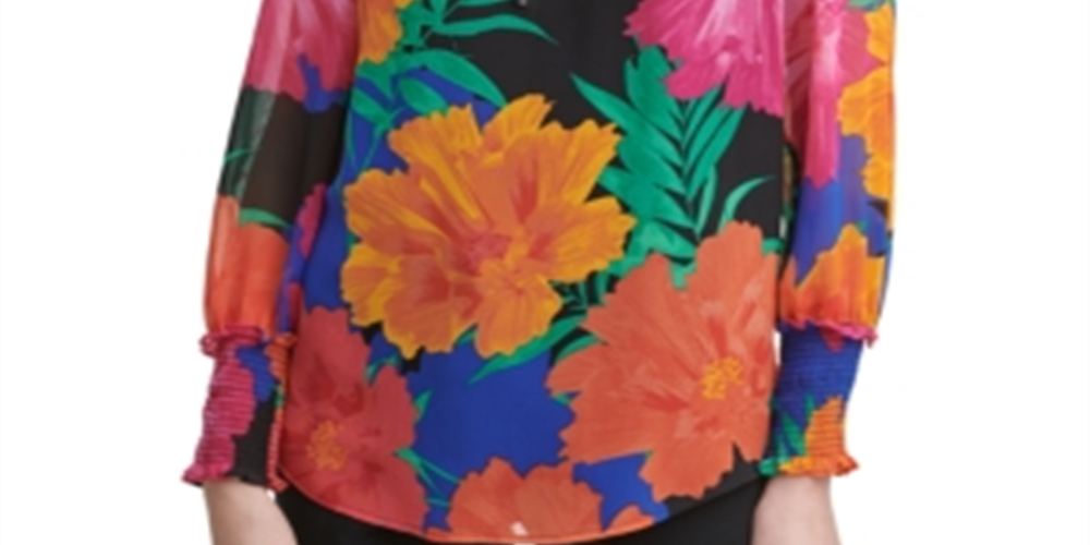 Calvin Klein Women's Printed Tie Neck Top Black Size Large