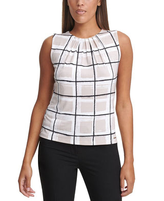 Calvin Klein Women's Windowpane Pleat Neck Knit Top White Size Petite Medium