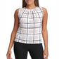Calvin Klein Women's Windowpane Pleat Neck Knit Top White Size Petite Medium