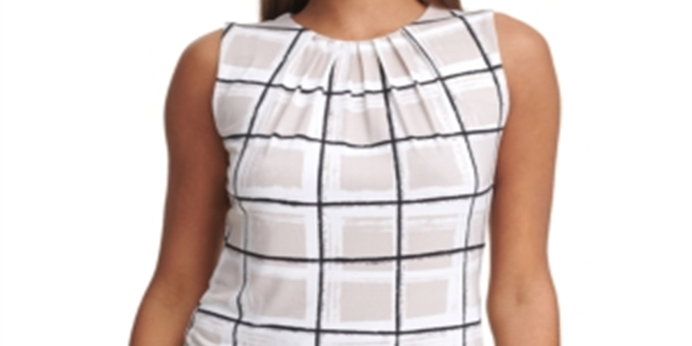 Calvin Klein Women's Windowpane Pleat Neck Knit Top White Size Petite Medium