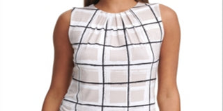 Calvin Klein Women's Windowpane Pleat Neck Knit Top White Size Petite Medium