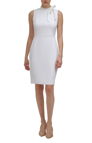 Calvin Klein Women's Stretch Zippered Fitted Sleeveless Tie Neck Above the Knee Formal Dress White Size 12