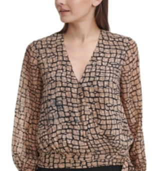 Calvin Klein Women's Printed Tie Waist Top Brown Size X-Small
