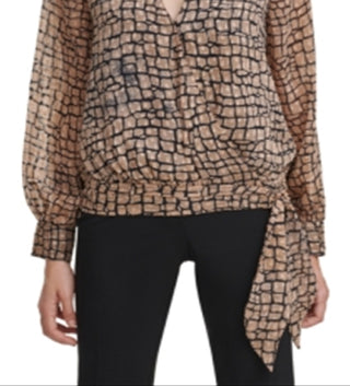 Calvin Klein Women's Printed Tie Waist Top Brown Size X-Small