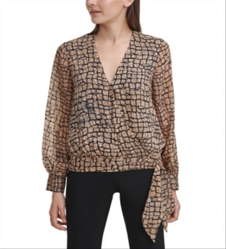 Calvin Klein Women's Printed Tie Waist Top Brown Size X-Small