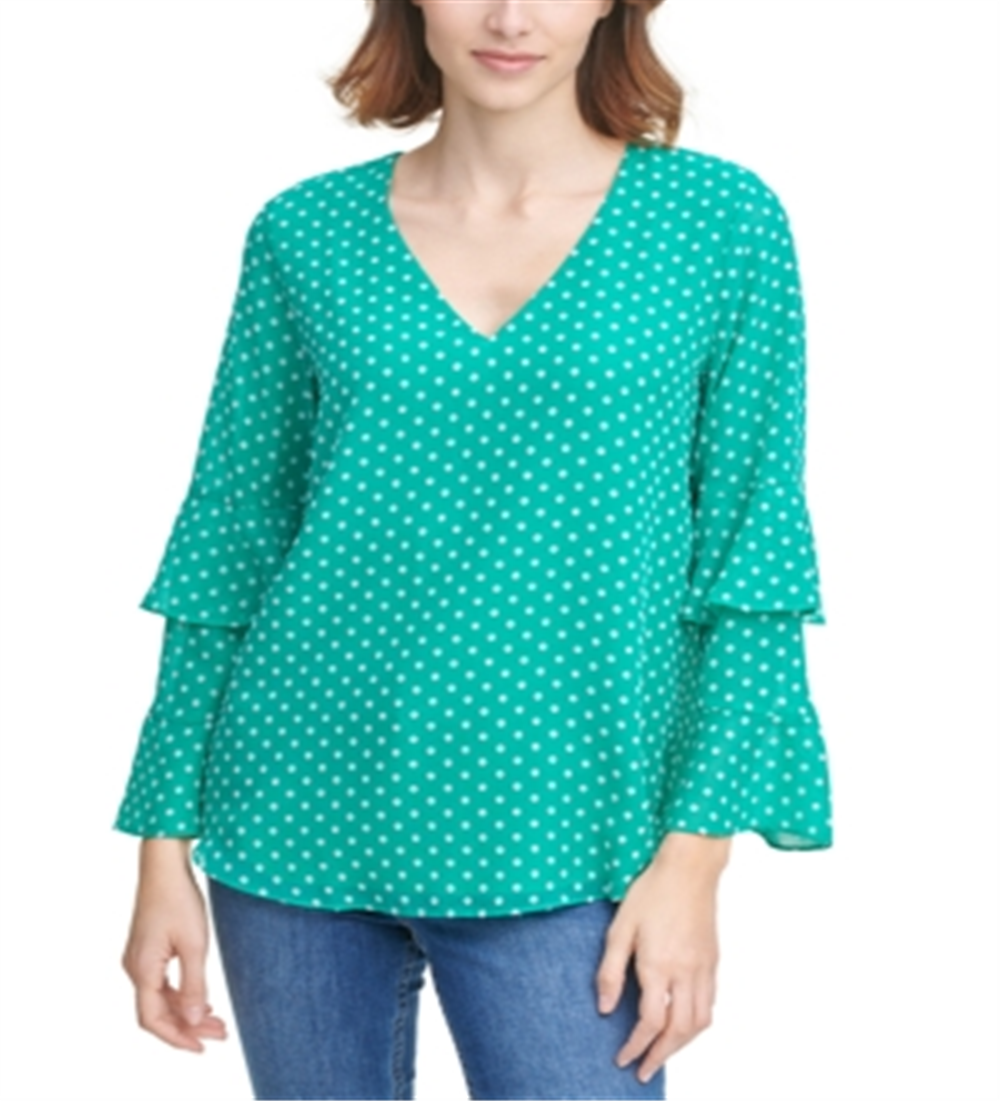 Calvin Klein Women's Clipped Dot Tiered Sleeve Top Green Size Medium