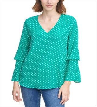 Calvin Klein Women's Clipped Dot Tiered Sleeve Top Green Size Medium
