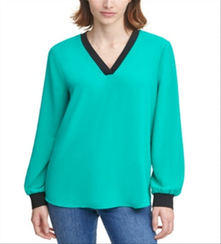 Calvin Klein Women's V Neck Solid Top Green Size Medium