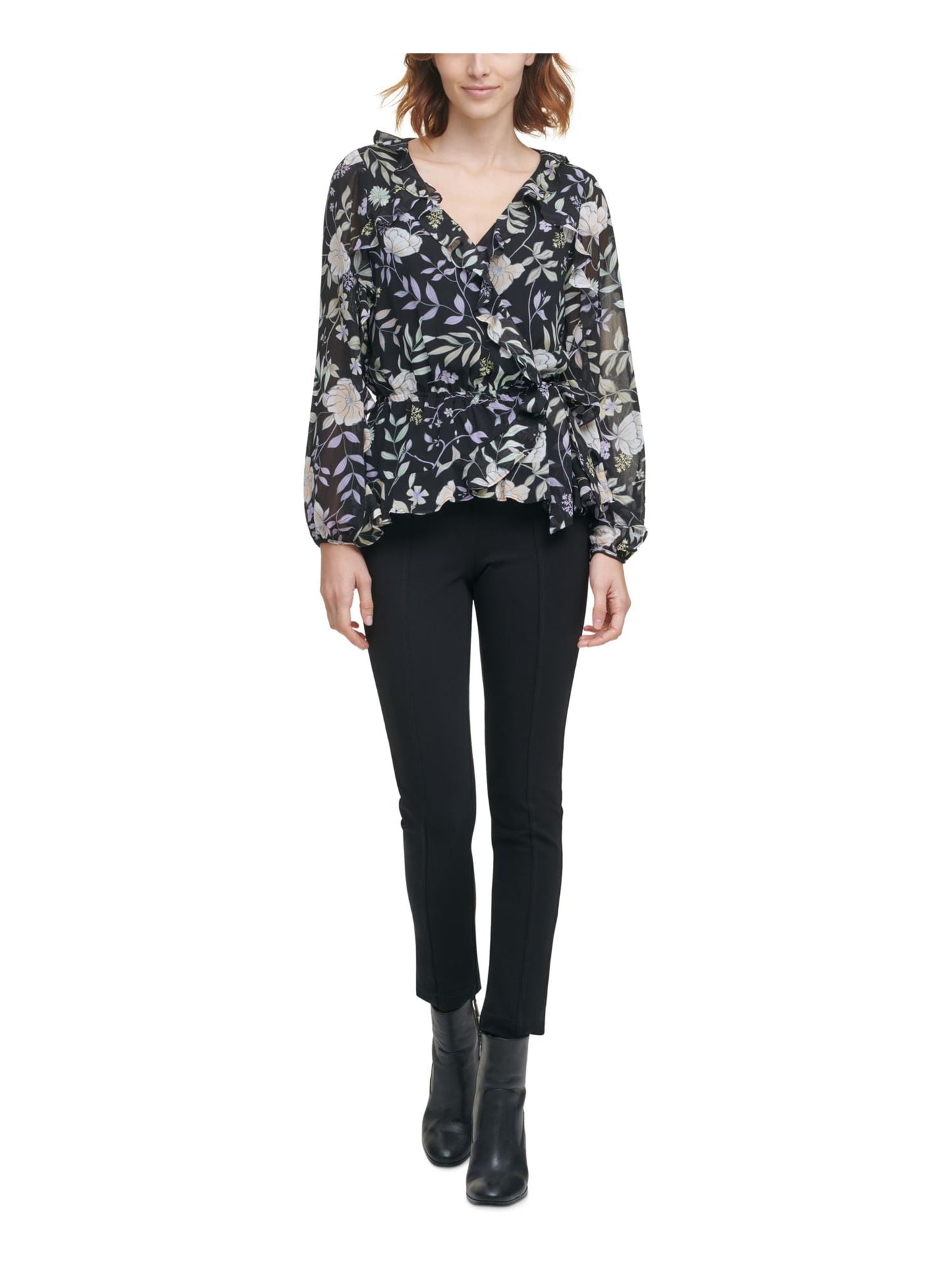Calvin Klein Women's Printed Ruffled Faux Wrap Top Black Size X-Small
