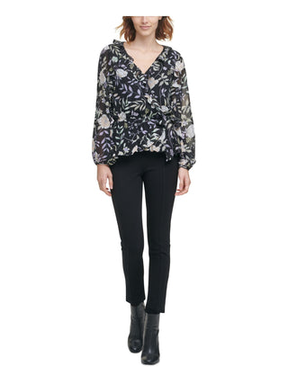 Calvin Klein Women's Printed Ruffled Faux Wrap Top Black Size X-Small