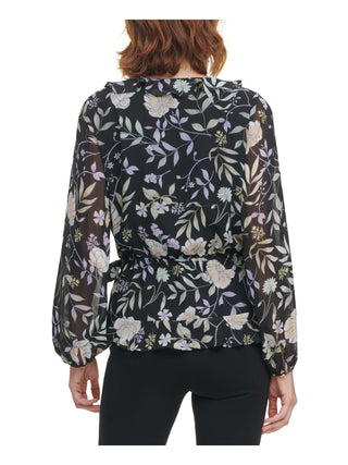 Calvin Klein Women's Printed Ruffled Faux Wrap Top Black Size X-Small