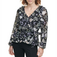 Calvin Klein Women's Printed Ruffled Faux Wrap Top Black Size X-Small