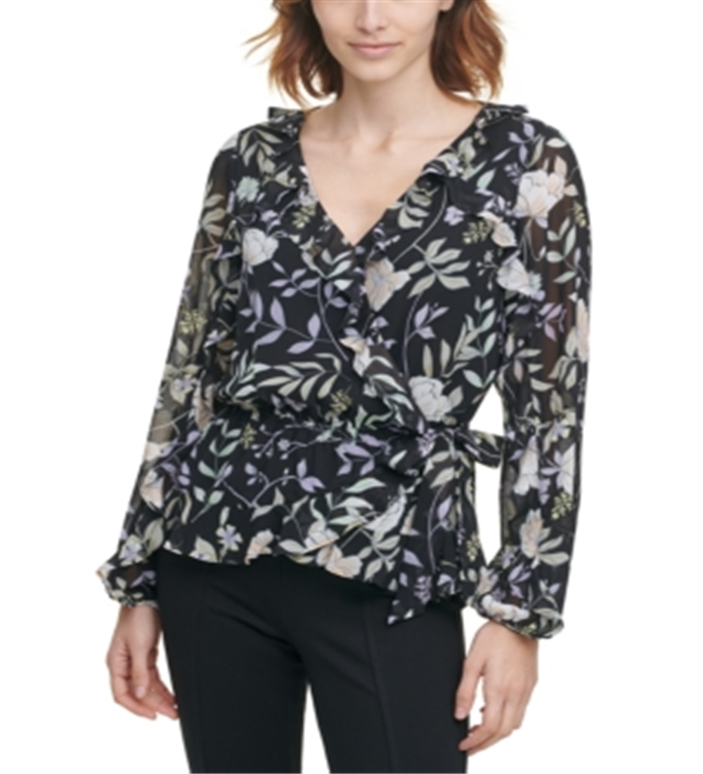 Calvin Klein Women's Printed Ruffled Faux Wrap Top Black Size X-Small