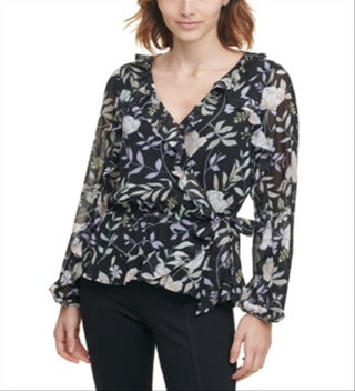 Calvin Klein Women's Printed Ruffled Faux Wrap Top Black Size X-Small