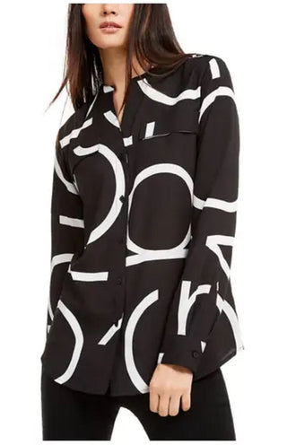 Calvin Klein Women's Long Sleeve Logo Button Front Blouse Black Size Large