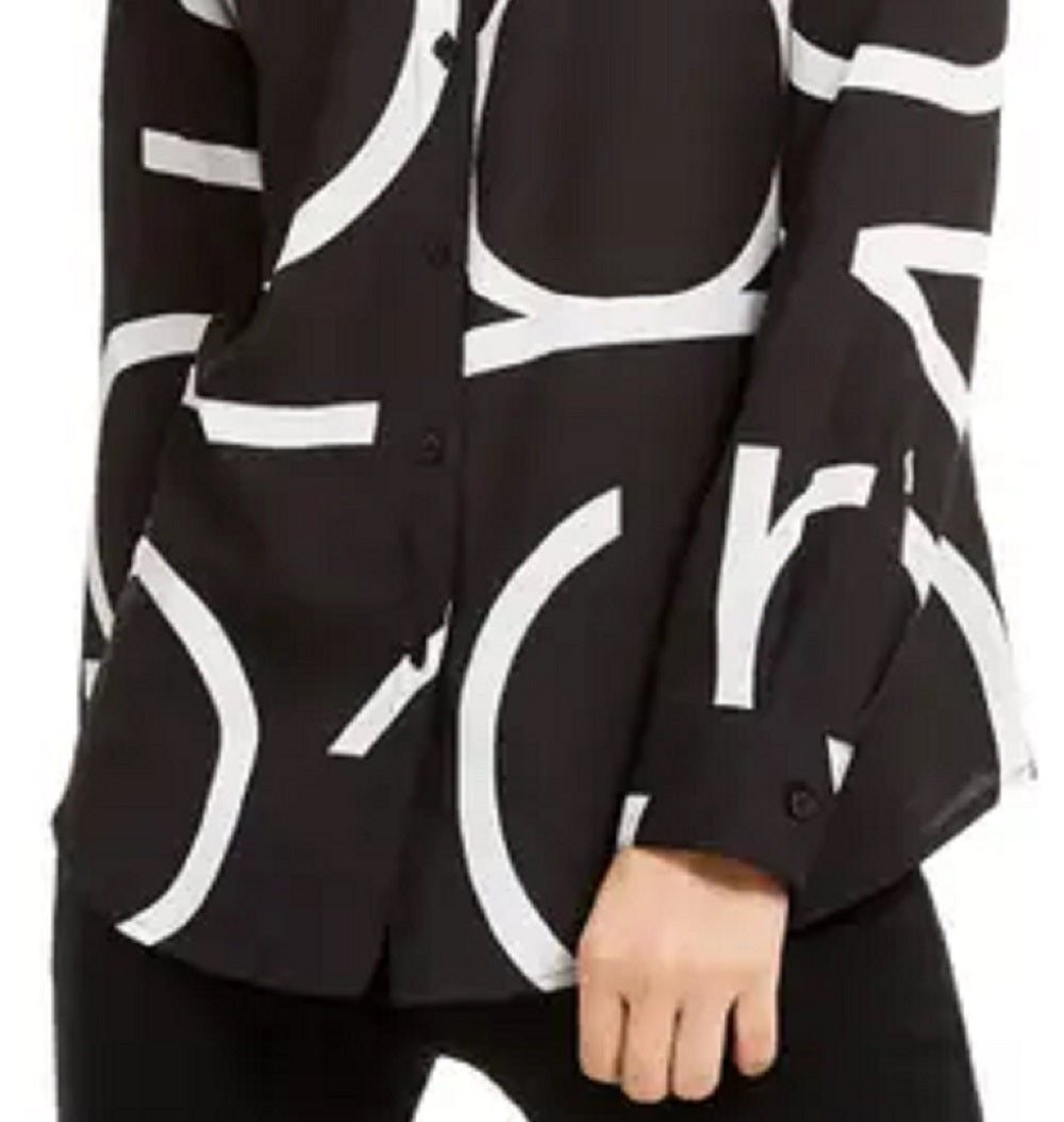 Calvin Klein Women's Long Sleeve Logo Button Front Blouse Black Size Large