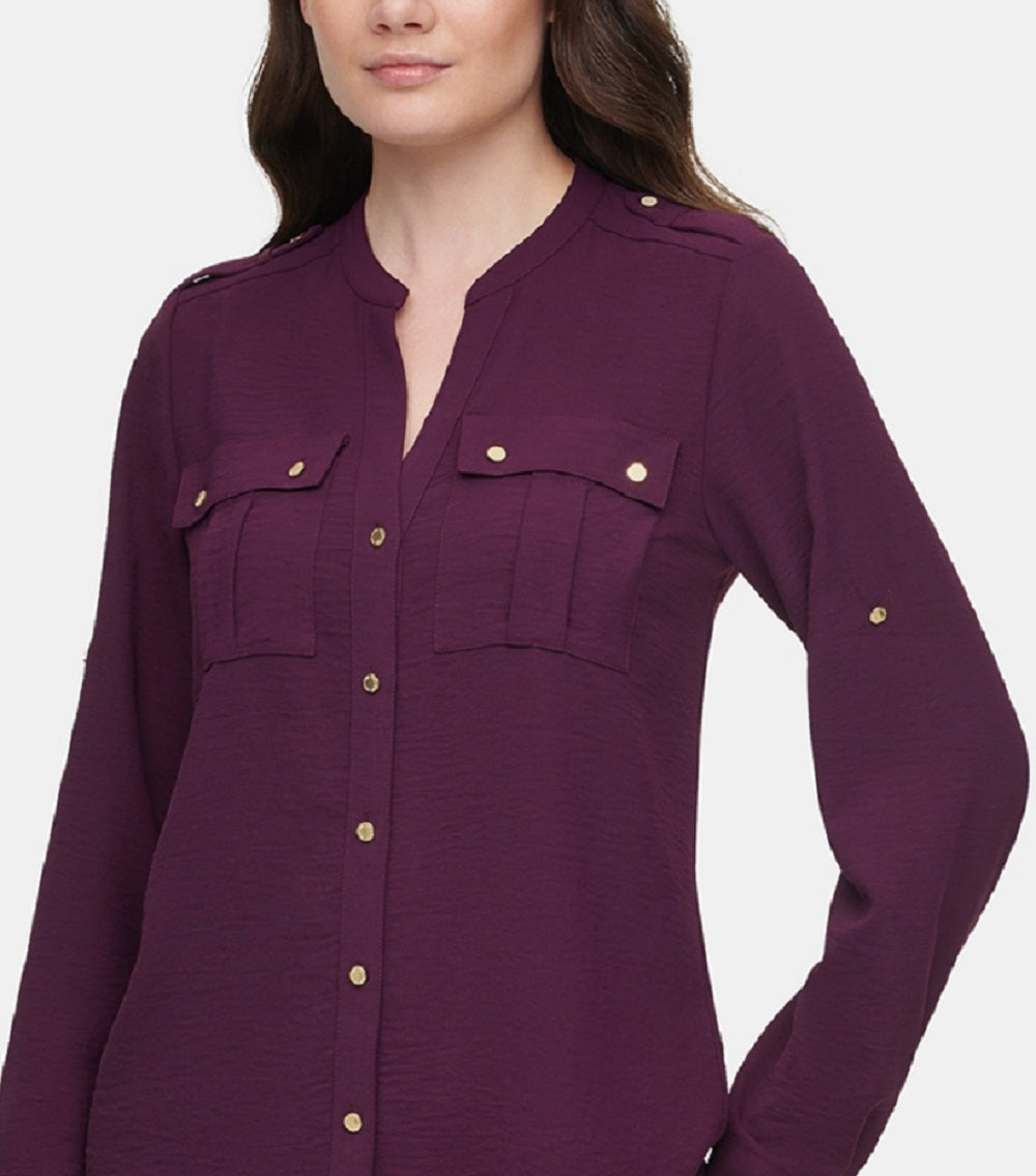 Calvin Klein Women's Textured Roll Tab Blouse Purple Size Large