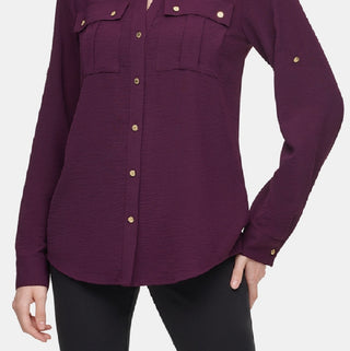 Calvin Klein Women's Textured Roll Tab Blouse Purple Size Large