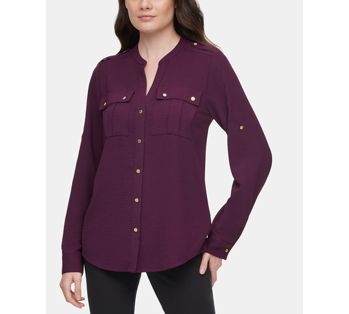 Calvin Klein Women's Textured Roll Tab Blouse Purple Size Medium