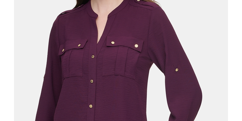 Calvin Klein Women's Textured Roll Tab Blouse Purple Size Medium