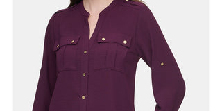 Calvin Klein Women's Textured Roll Tab Blouse Purple Size Medium