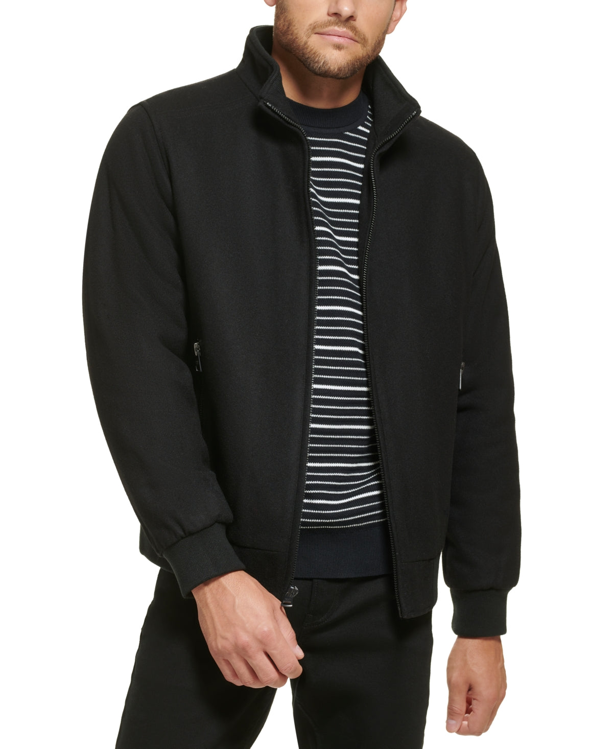 Calvin Klein Men's Wool Bomber Jacket With Knit Trim Black Size Medium