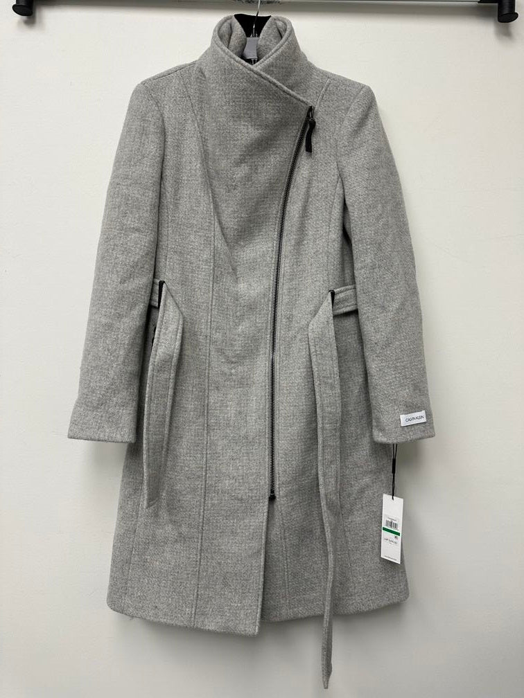 Calvin Klein Women's Faux-Leather Trim Belted Wrap Coat Grey Size Large