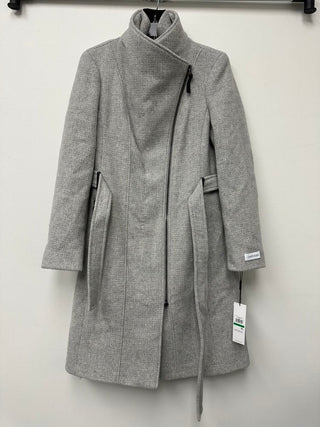 Calvin Klein Women's Faux-Leather Trim Belted Wrap Coat Grey Size Large