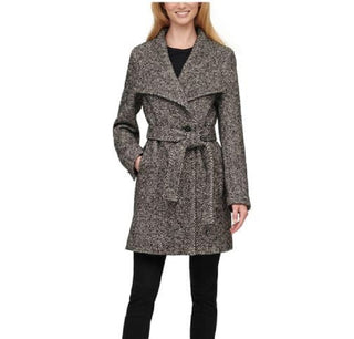 Calvin Klein Women's Asymmetrical Belted Wrap Coat Black Size M