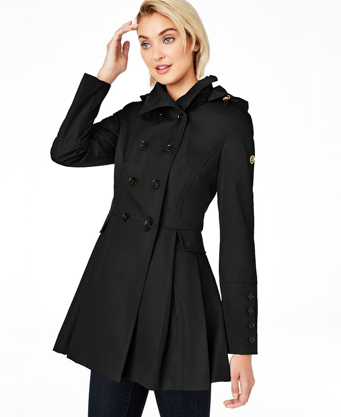 Calvin Klein Women's Water Resistant Hooded Double Breasted Skirted Raincoat Black Size Large