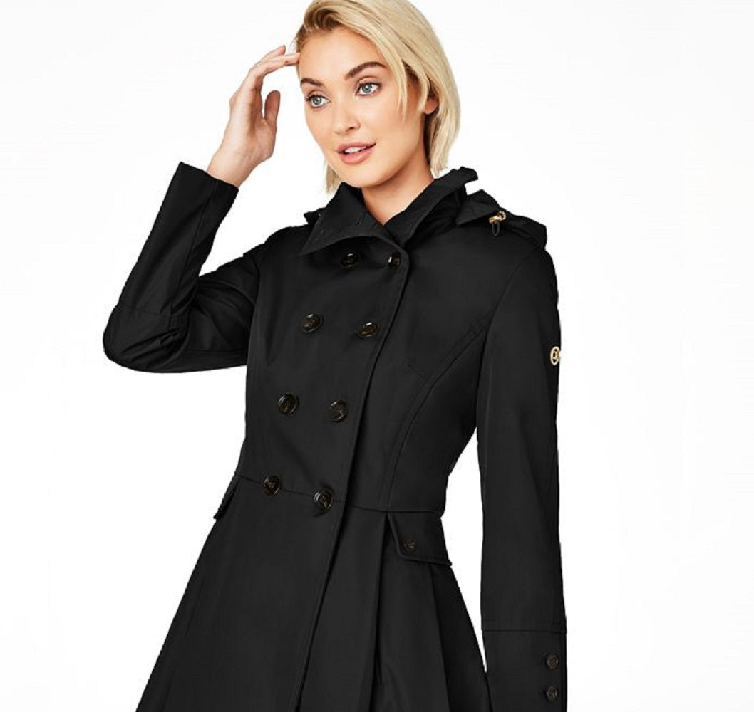 Calvin Klein Women's Water Resistant Hooded Double Breasted Skirted Raincoat Black Size Large