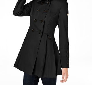 Calvin Klein Women's Water Resistant Hooded Double Breasted Skirted Raincoat Black Size Large