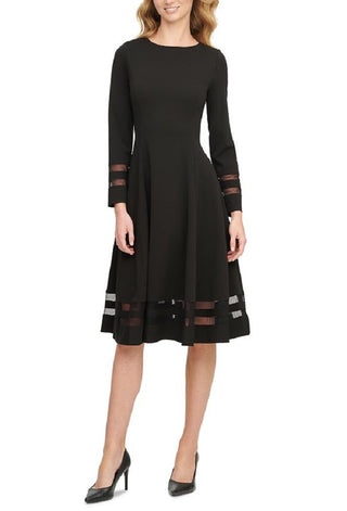 Calvin Klein Women's Sheer Mesh Accent Long Sleeve Crew Neck Below the Knee Wear to Work Fit Flare Dress Black Size 12