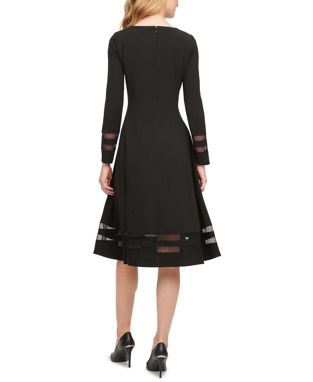 Calvin Klein Women's Sheer Mesh Accent Long Sleeve Crew Neck Below the Knee Wear to Work Fit Flare Dress Black Size 12