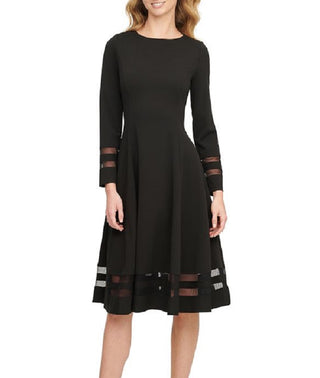 Calvin Klein Women's Sheer Mesh Accent Long Sleeve Crew Neck Below the Knee Wear to Work Fit Flare Dress Black Size 12