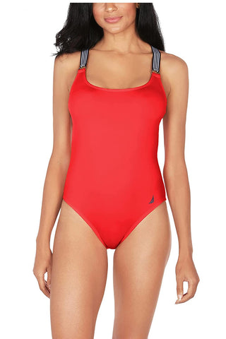 Nautica Women's Lifeguard Cross Back One Piece Swimsuit Red Size Medium