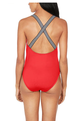 Nautica Women's Lifeguard Cross Back One Piece Swimsuit Red Size Medium
