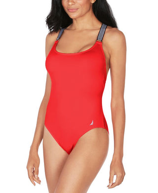Nautica Women's Lifeguard Cross Back One Piece Swimsuit Red Size Medium