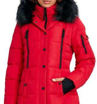 Nautica Women's Faux Fur Trim Hooded Puffer Coat Red Size Large