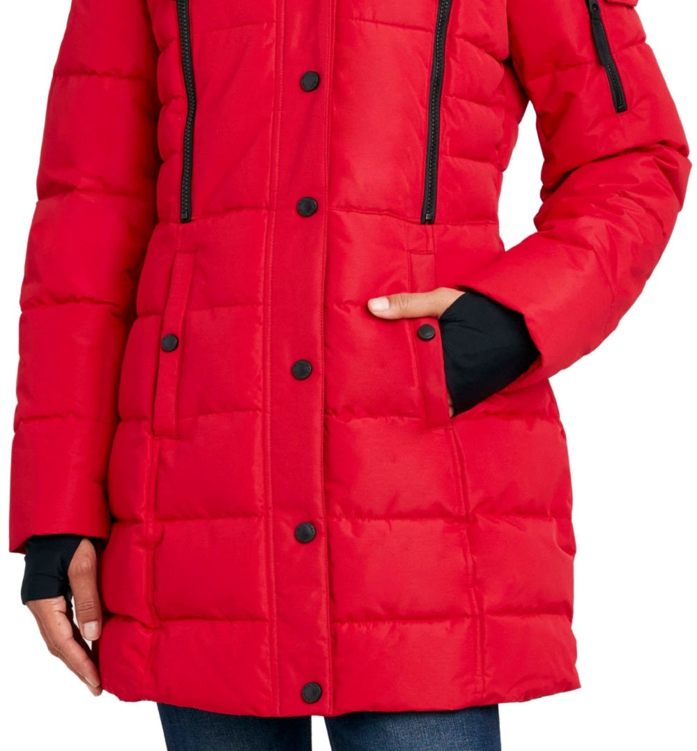 Nautica Women's Faux Fur Trim Hooded Puffer Coat Red Size Large