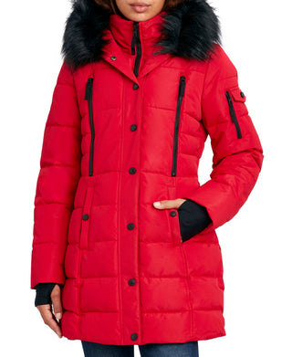 Nautica Women's Faux Fur Trim Hooded Puffer Coat Red Size Large