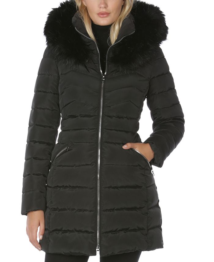 Laundry By Shelli Segal Women's Faux Fur Trim Hooded Puffer Coat Black Size Small